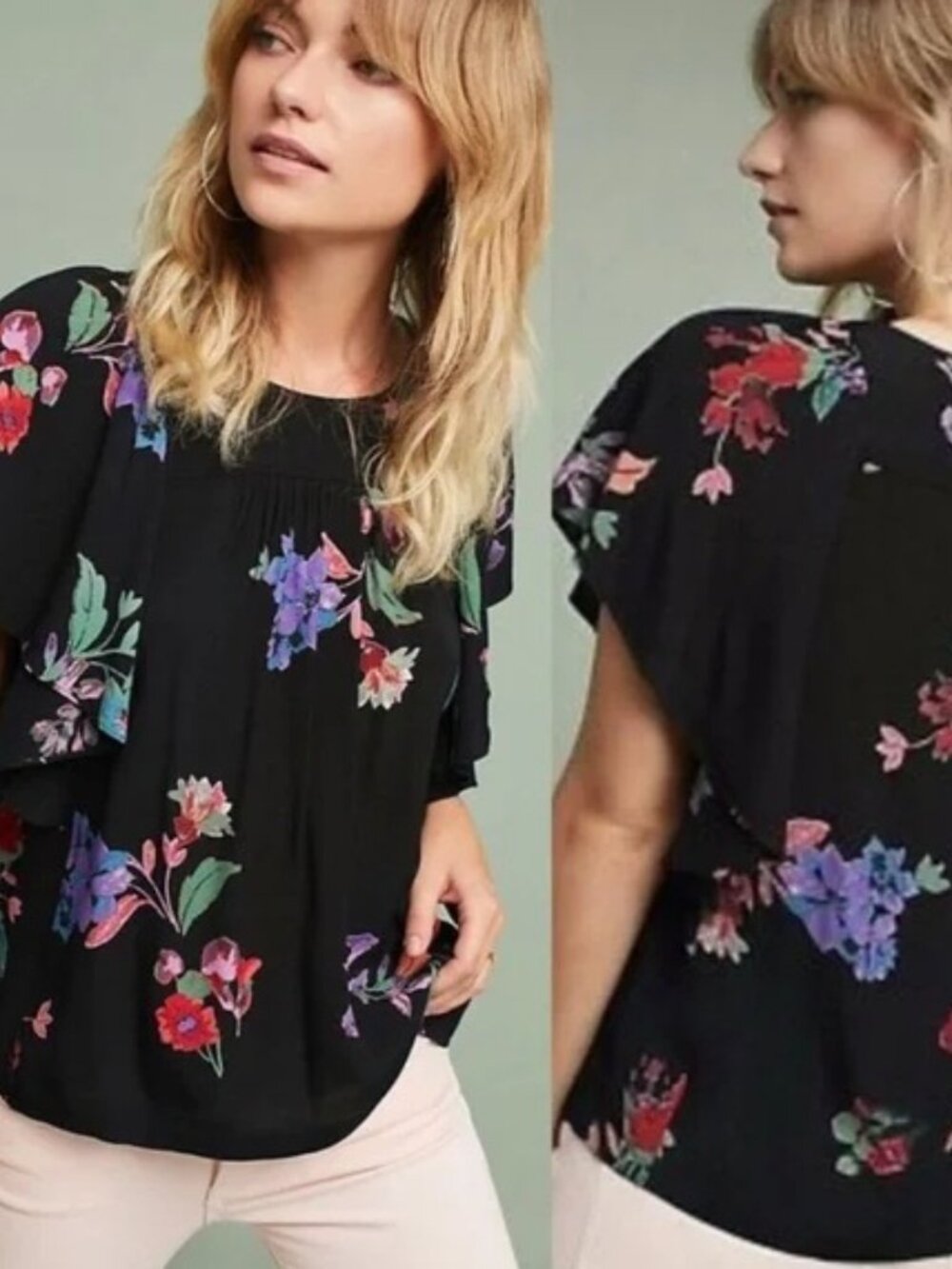 Maeve Prato Floral Flutter Sleeve Top Black XS
